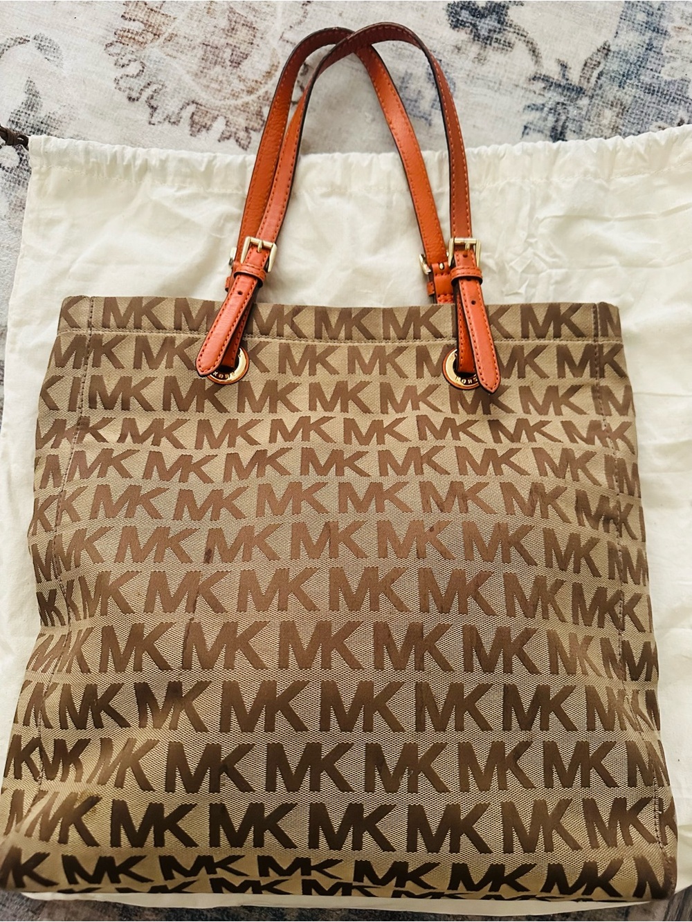 Michael Kors Beige Logo Tote with Orange Trim